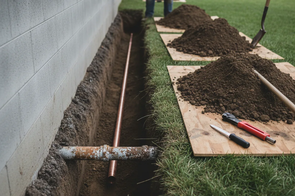 Excavated water line trench during Water Softener Installation in Maurertown